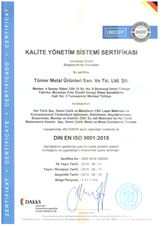ISO 9001:2015 kalite belgesi (Türkçe)